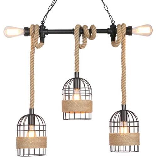 Retro Rope Pendant Light, RIFNY DIY Adjustable Height Hanging Lamp Vintage Chandelier Steel and Wood Inc, Industrial Ceiling Light for Dining Room Living Room Kitchen Cafe Bar (5 E27 Socket)