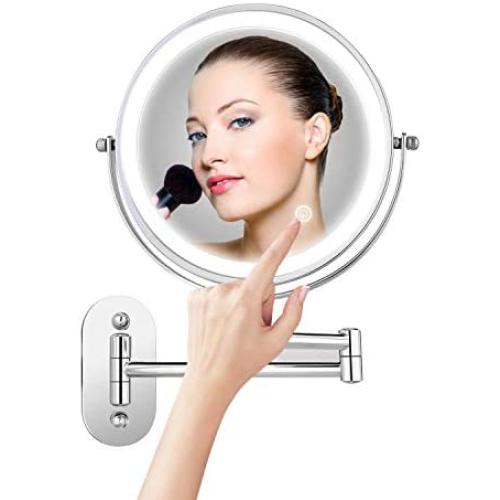 Himimi 7X Wall Mounted Makeup Mirror, Double Sided Swivel Vanity Mirror, Touch Button Adjustable Light, Stainless Steel, Shaving in Bedroom or Bathroom, 8 inch, 4 x AAA Batteries (not Included)