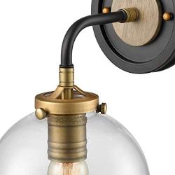 WILDSOUL 40041AB-2 Modern Farmhouse 1-Light Globe Sconce, Armed Brass Bathroom Sconces Clear Glass Vanity Wall Lighting Fixtures, Oak Wood and Brass Parts, Matte Black and Brass Finish, Pack of 2