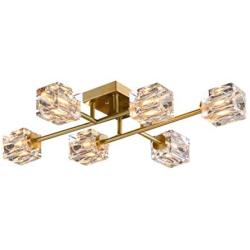 KCO Crystal Chandelier Light 6-Light Gold Semi Flush Mount Ceiling Light Metal Brushed Brass Ceiling Pendant Lamp for Dining Room Bedroom Kitchen Island