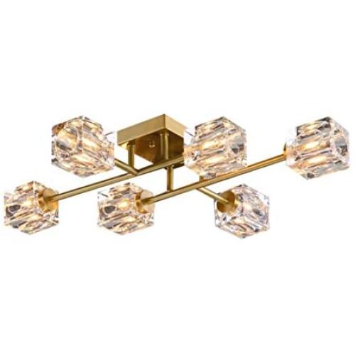 KCO Crystal Chandelier Light 6-Light Gold Semi Flush Mount Ceiling Light Metal Brushed Brass Ceiling Pendant Lamp for Dining Room Bedroom Kitchen Island