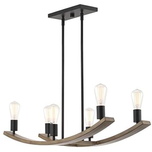 Kira Home Hazel 31.5'' 6-Light Large Rustic Farmhouse Kitchen Island Light Fixture, Curved Smoked Birch Wood Style Frame + Black Finish