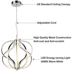 Emliviar Modern LED Chandelier Light Fixture, 30W Pendant Light for Dining Room, Chrome Finish, JE202-LED BN