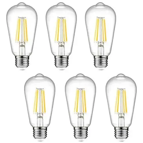 Dimmable Ascher Vintage LED Edison Bulbs, 6W, Equivalent 60W, 700lm, Warm White 2700K, ST58 Antique LED Filament Bulbs, E26 Medium Base, Clear Glass, Pack of 6