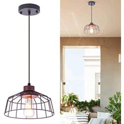 Farmhouse Wire Cage Pendant Light Black Caged Pendant Light Fixture for Kitchen Island Coastal Metal Hanging Light Rustic Wood Final for Christmas Gift,Hallway,Dining Room,Balcony,Garage,Basement
