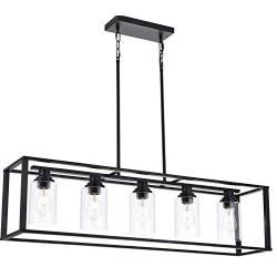 LUBURS  Kitchen Island Lighting - 5 Lights Chandelier,Black Pendant Lighting with Metal Adjustable Rods&Clear Glass Shade, Vintage Pendant Ceiling Lamp for Dining Room Kitchen Living Room Farmhouse