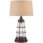 Industrial Table Lamp with Nightlight Bronze Cage Glass Lantern Brown Burlap Shade for Living Room Family - Franklin Iron Works
