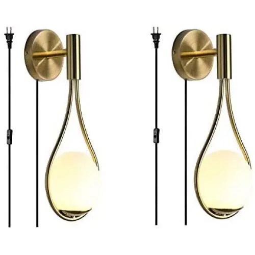 Modo Lighting Glass Ball Wall Sconce Plug in Mid Century Modern Drop Design Wall Light Brushed Brass Gold Wall Lamps for Bedside Living Room (with Plug in 2 Pack) Modo Lighting Glass Ball Wall Sconce Plug in Mid Century Modern Drop Design Wall Light Brushed Brass Gold Wall Lamps for Bedside Living Room (with Plug in 2 Pack)