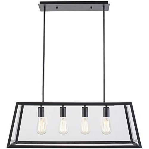 Light Society Morley 4-Light Kitchen Island Pendant, Matte Black Shade with Clear Glass Panels, Modern Industrial Chandelier (LS-C104)