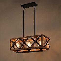 Eumyviv C0029 3-Lights Rectangle Wood Metal Pendant Lamp Light Fixture with Bubble Glass Shade Black Finished Retro Rustic Vintage Industrial Edison Ceiling Lamp Linear Chandeliers