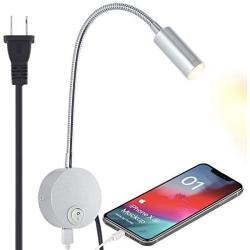 Plug-in Bedside Reading Wall Light with USB Charging Port, LED Wall Mounted Lamp, Flexible Wall Sconce, Brushed Nickel Finished (3W Warm White)