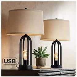 Marcel Modern Industrial Black Table Lamps Set of 2 with Nightlight LED USB Port Linen Shade for Living Room Bedroom - 360 Lighting