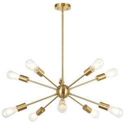 BONLICHT Sputnik Chandelier 10 Light Brushed Brass Modern Pendant Lighting Gold Industrial Vintage Ceiling Light Fixture UL Listed