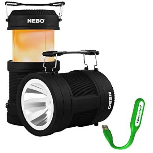 NEBO Big Poppy rechargeable lantern flashlight 6908 bundle: 300 lumen lantern, 120 lumen spot light, flickering flame mode, built-in power bank with EdisonBright USB reading light