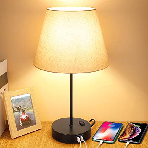 Touch Control Bedside Table Lamp, 3 Way Dimmable Modern Nightstand Lamps with Dual USB Charging Ports & AC Outlet, Grey Fabric Shade Desk Reading Lamp for Bedroom Living Room, 6W LED Bulb Included