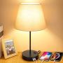 Touch Control Bedside Table Lamp, 3 Way Dimmable Modern Nightstand Lamps with Dual USB Charging Ports & AC Outlet, Grey Fabric Shade Desk Reading Lamp for Bedroom Living Room, 6W LED Bulb Included