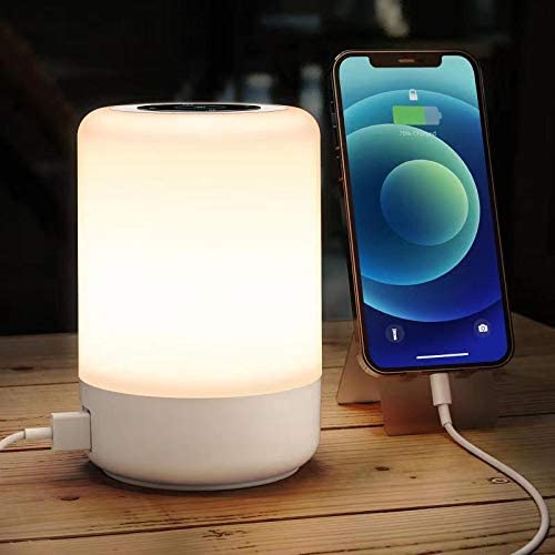 Loshuer Night Light Touch Table Lamp, 4 Quickly Charge USB Port Bedside Lamps with Dimming Warm White Light 13 Colors RGB Led Lamp for Bedroom Living Room Office Hallways (White)