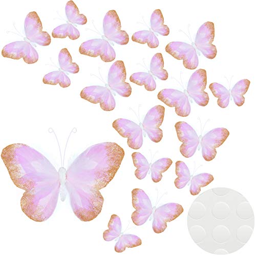 16 Pieces Feather 3D Butterfly Wall Decals Gold Glitter Butterfly Decor Stickers for Room Home Nursery Classroom Offices Kids Girl Boy Bedroom Bathroom Living Room Decor (Light Purple)