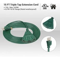 DEWENWILS 15 FT Green Outdoor Tri-Tap Extension Cord Splitter, Weatherproof 16/3 SJTW Power Cable for Christmas Decoration and Landscaping Lights, UL Listed, Pack of 2