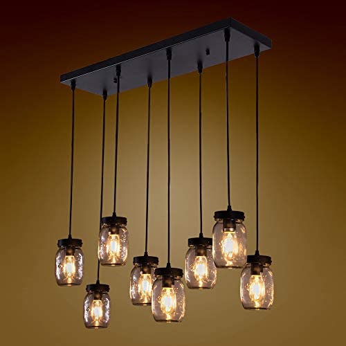 Wellmet 8-Light Mason jar Chandelier for Kitchen Island, Farmhouse Rustic Linear Cluster Hanging Pendant Light Fixture Dining Room Living Room, Matte Black Finish with Glass Shades