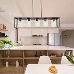 VINLUZ 5-Light Wood Chandelier Linear Industrial Kitchen Island Pendant Lighting Gray Wooden Frame Accents, Dining Room Lighting with Glass Shade Modern Farmhouse Light Fixtures for Entryway Foyer