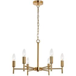 Chandelier Contemporary 6 Lights Brushed Brass Modern Pendant Lighting Ceiling Light Fixture, Indoor Candle 21'' Chandelier for Dining Room, Bedroom, Living Room, Kitchen,Foyer and Entryway