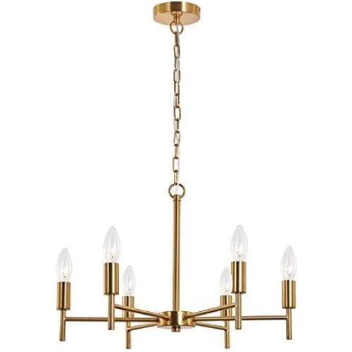 Chandelier Contemporary 6 Lights Brushed Brass Modern Pendant Lighting Ceiling Light Fixture, Indoor Candle 21'' Chandelier for Dining Room, Bedroom, Living Room, Kitchen,Foyer and Entryway