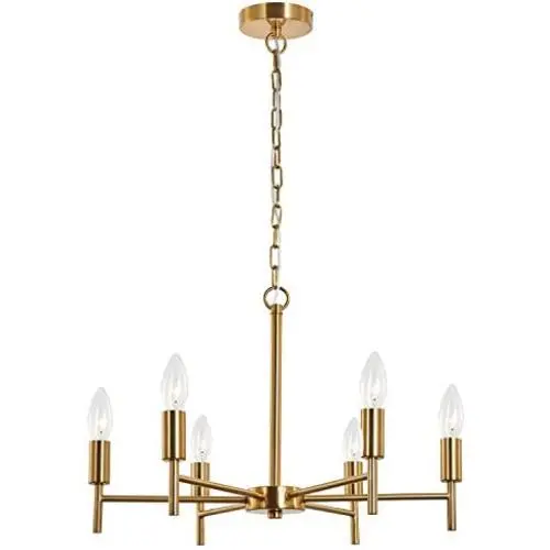 Chandelier Contemporary 6 Lights Brushed Brass Modern Pendant Lighting Ceiling Light Fixture, Indoor Candle 21'' Chandelier for Dining Room, Bedroom, Living Room, Kitchen,Foyer and Entryway