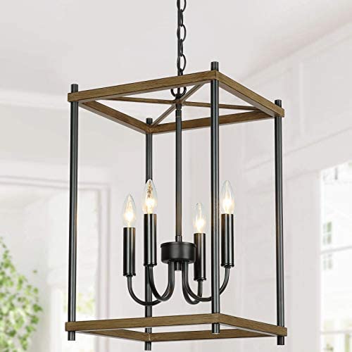 T&A Farmhouse 4-Light Chandelier Foyer Light Fixtures, Rectangle Entryway Chandeliers Industrial Square Cage Chandelier Kitchen Island Lighting for Dining Rooms Stairway Bedroom Living Room