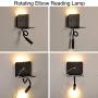 Modern LED Wall Mount Sconce with USB Charging Port, 2 Light Sources Fixture Bedroom Shelf Lighting, Nordic Flexible Rotatable Elbow Reading Black Wall Lamps for Bedside(Wireless, Mounted on Wall)
