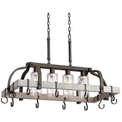 Marsden Bronze Gray Wood Rectangular Pot Rack Pendant Chandelier 36'' Wide Rustic Farmhouse Clear Seedy Glass 4-Light Fixture for Dining Room House Island Entryway Living Room - Franklin Iron Works