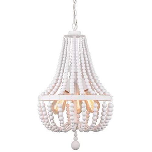 Alice House 14.2'' Wood Bead Chandeliers, Rustic White Finish, 3 Light Wood Beaded Pendant Light for Dining Room, Kitchen, Living Room, Entryway and Bedroom AL9031-P3