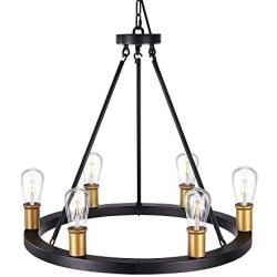 Wellmet Wagon Wheel Chandelier, 25'' 6-Light Rustic Modern Chandelier, Black Hanging Circle Round Pendant Ceiling Lighting Fixture for Dining Living Room, Kitchen Island Table, Foyer, Bedroom