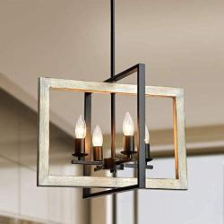 TZOE Farmhouse Kitchen Island Pendant Lighting fixtures，White Oak Wood Color&Black Metal Finish 4-Light Rustic Chandelier