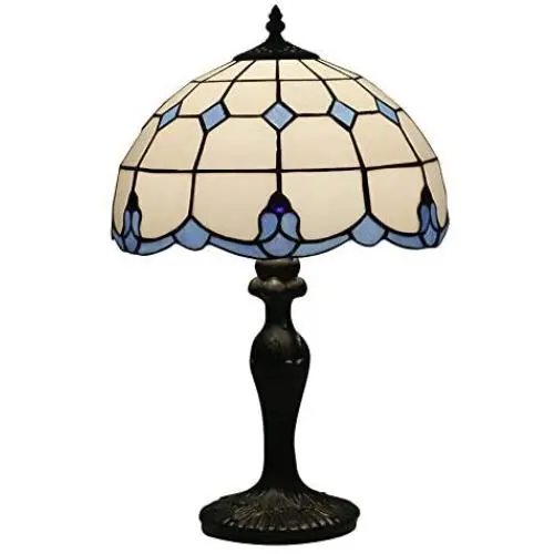Vintage Tiffany Style Bedside Table lamp, White Simple Table Light Glass Shade E26 Zinc Alloy Desk Light for Bedroom Living Room-White 19inch