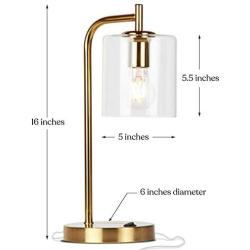 Brightech Elizabeth Office Desk Lamp - Wireless Charging Pad and USB Port – Living Room Table Light for Midcentury, Industrial & Farmhouse Decor - Hanging Glass Shade - LED Bulb - Brass Gold Color