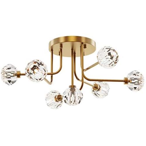 SEOL-Light Retro Brass Crystal Ball Branches Close to Ceiling Lighting Fixture Polished Gold Flush Mount with 7 Light 280W for Living Room,Bedroom