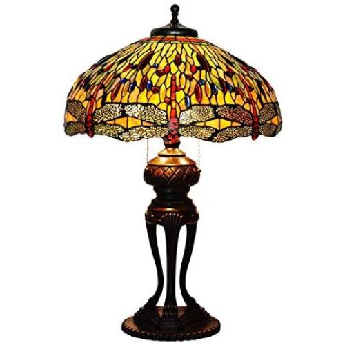 20'' Pastoral Dragonfly Table Lamp Tiffany Style Retro Stained Glass Desk Light Bedroom Bedside Reading Lights for Living Room Cafe Lighting Fixtures Decoration, 110-240V