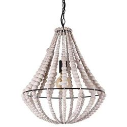 Giluta Conical Wood Bead Chandelier Retro Style Pendant Lamp, Industrial Metal Ring Frame Ceiling Lamp Kitchen Island Vintage Hanging Light Fixtures 1 Light, Gray White (C0045)