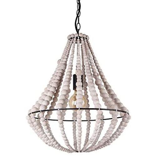 Giluta Conical Wood Bead Chandelier Retro Style Pendant Lamp, Industrial Metal Ring Frame Ceiling Lamp Kitchen Island Vintage Hanging Light Fixtures 1 Light, Gray White (C0045)