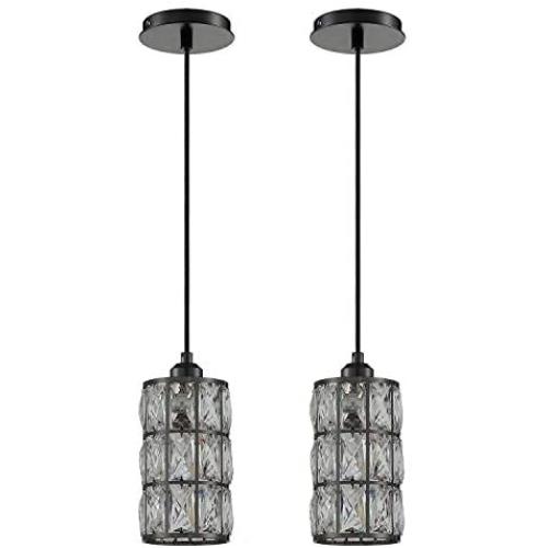 Doraimi 1 Light Polygon Crystal Pendant Lighting (Set of 2) with Painting Black Finish, Modern Style Ceiling Light Fixture with Polyhedral Crystal Shade for Foyer Dining Room Family Room