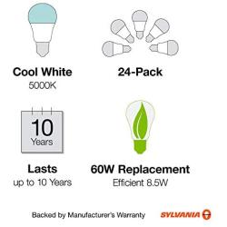 SYLVANIA General Lighting 74766 SYLVANIA 60W Equivalent, LED Light Bulb, A19 Lamp, Efficient 8.5W, Bright White 5000K, Daylight, 24 Count