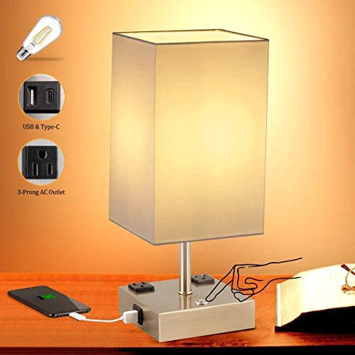 Touch Control Table Lamp, Dimmable USB Table Lamps, Modern White Nightstand Lamp with 2 USB Charging Ports/2 AC Outlets, Touch Lamps for Bedrooms Living Room Office, E26 Bulb Included