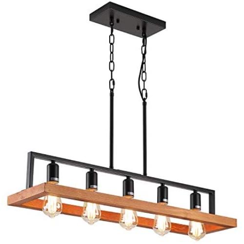 Fivess Lighting Farmhouse Wood Kitchen Island Lighting, Wood and Metal Linear Chandelier, 5 Lights Rustic Industrial Pendant Light Fixture for Kitchen Island Dining Room, Black