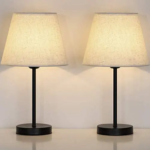 Bedside Nightstand Table Lamps, Small Black Metal Lamp with Linen Lampshade for Bedroom Living Room College Dorm Office, Set of 2