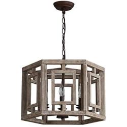 Farmhouse Wood and Metal Chandelier 6-Light Wooden Chandeliers Lighting Fixture Kitchen Island Ceiling Lighting Chandeliers Dining Room Pendant Light Fixtures (10556-6D)