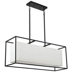 Vinsniv Modern Rectangular Linear Dining Room Kitchen Island Billiard Room Chandelier 35.43''L Light, White Fabric Shade, Adjustable Pendant Ceiling Hanging Lighting, Black Metal, 5-Light E26 005