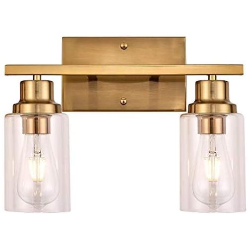 LIGOTFIRE Vanity Lighting Fixtures Brushed Brass 2 Lights Bathroom Over Mirror Wall Mount Sconce with Glass Shades for Toilet Paper Holder, Towel Hook Ring, Farmhouse Vanity Lights Bathroom