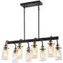 Modern Farmhouse Eight-Light Dining Room Lighting Fixtures, Rectangular Kitchen Lights Ceiling Hanging Light, Simplicity Modern Chandeliers Black Pendant Light with Seeded Glass Shades