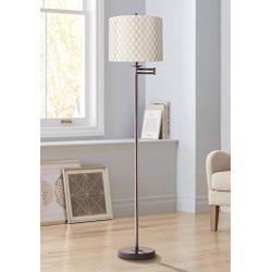 Modern Swing Arm Floor Lamp Bronze Embroidered Hourglass Off White Fabric Drum Shade for Living Room Reading Bedroom Office - Regency Hill